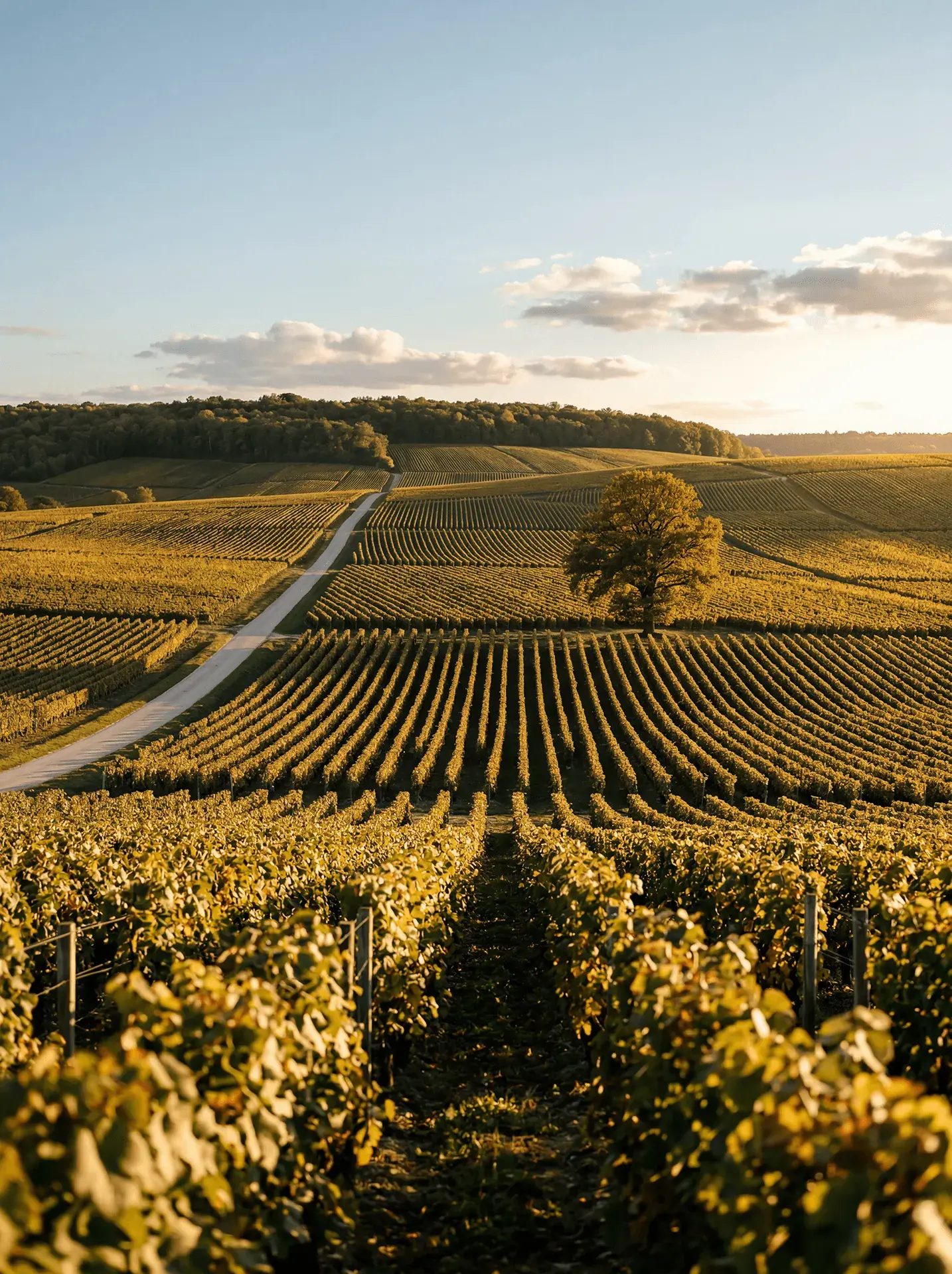 Rangs de vignes et arbre isolé au soleil couchant, Côte de Sézanne