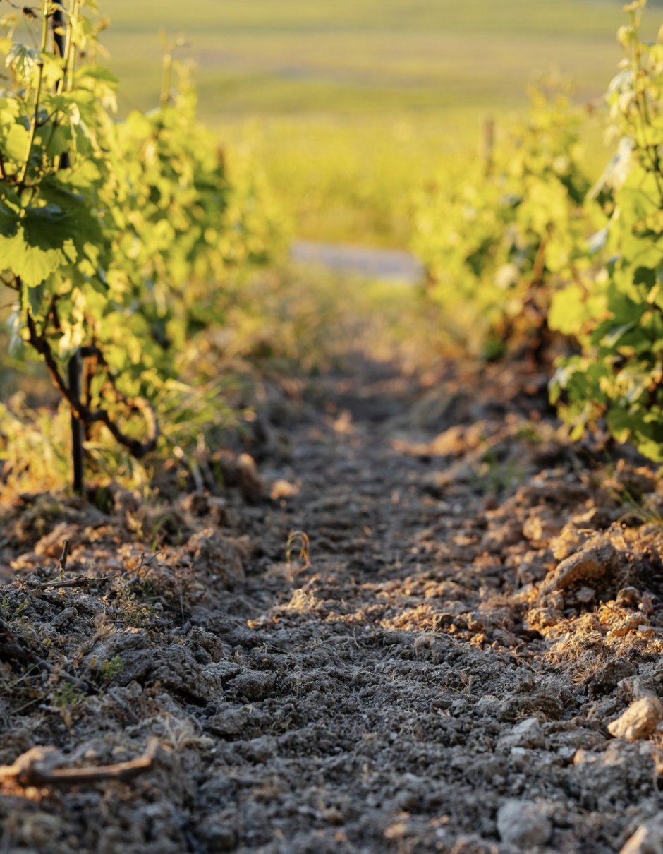 Rang de vigne sur un sol crayeux au soleil du soir
